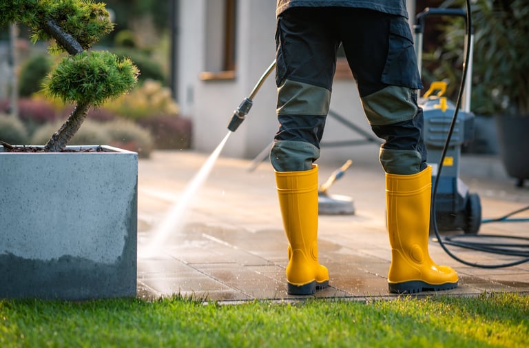 Patio area being cleaned with pressure washer
